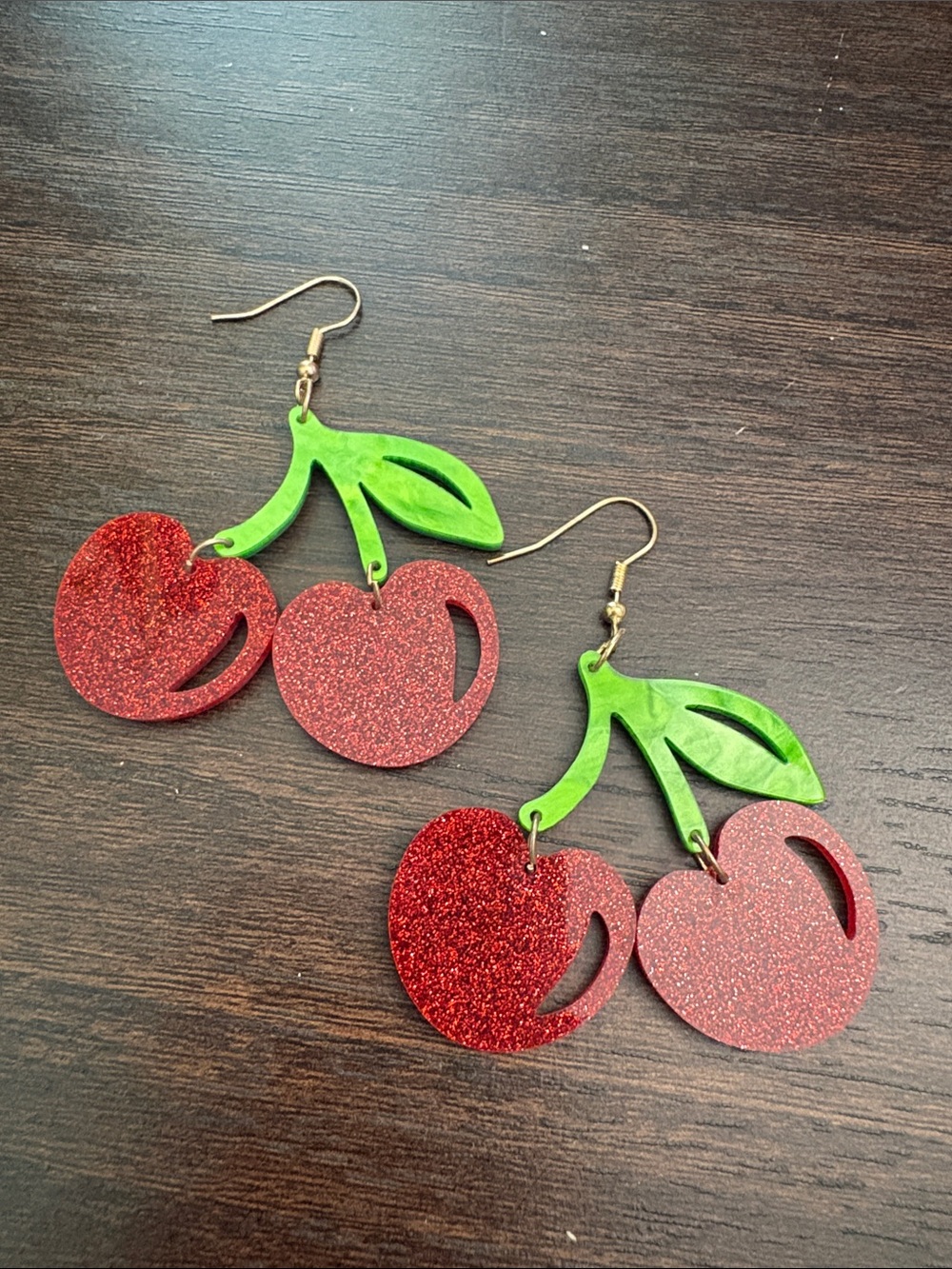 Glitter Cherry Drop Earrings - Red & Green